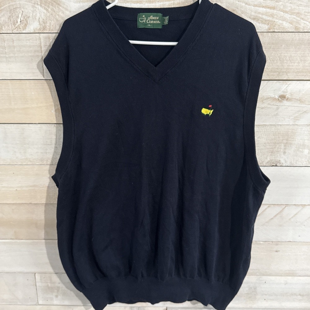 Vintage Amen Corner Masters Sweater Vest Mens XL Navy Blue Knit V-Neck Logo Golf